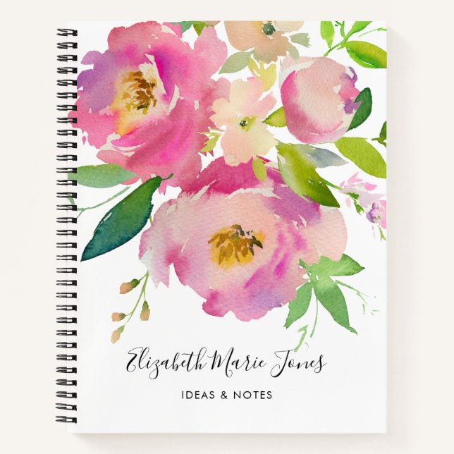 Elegant Blush Pink Peony Pastel Floral Watercolor Notebook (Front)