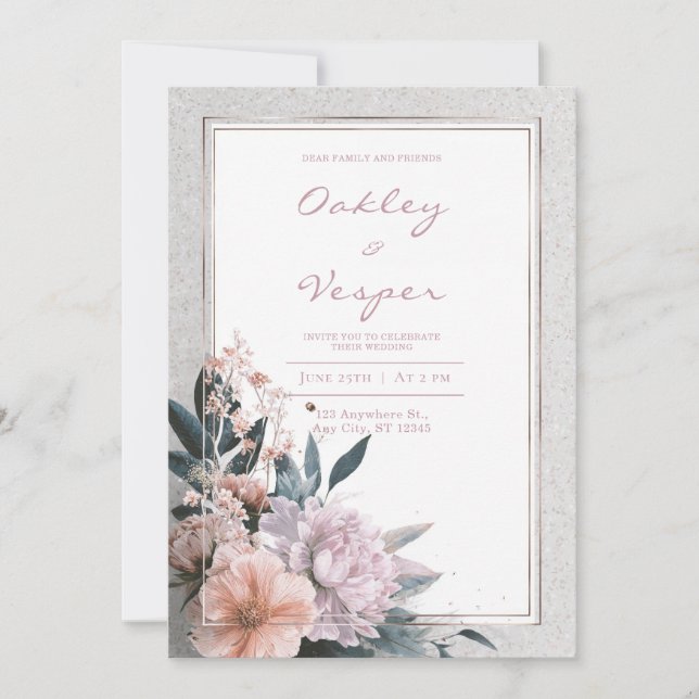 Elegant Blush Pink Peony Rose Gold Frame Wedding Invitation (Front)
