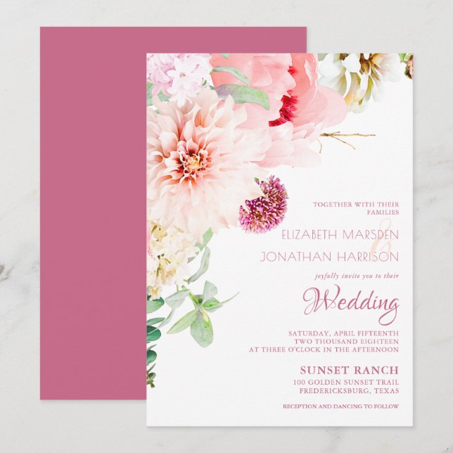 Elegant Blush Pink Peony White Floral Wedding Invi Invitation (Front/Back)