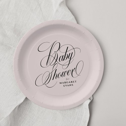 Elegant blush pink personalized baby shower paper plates