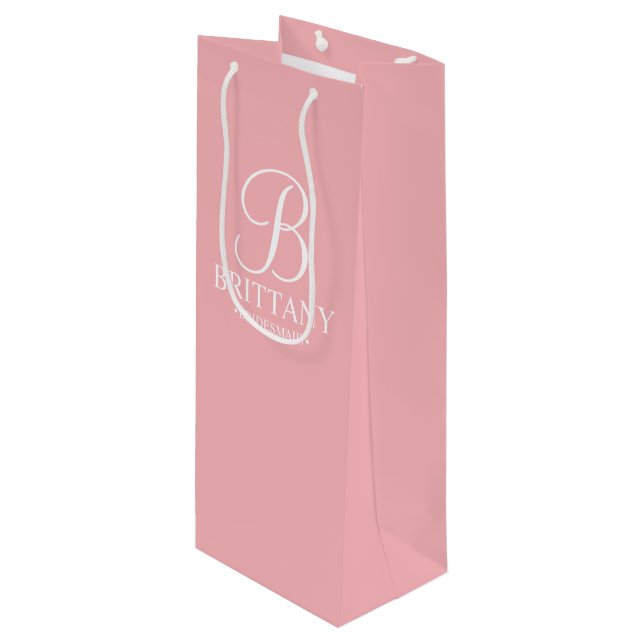 Elegant Blush Pink Personalized Bridesmaid Wine Gift Bag (Front Angled)