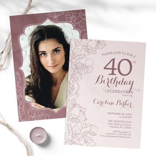 Elegant Blush Pink Photo 40th Birthday Party Invitation