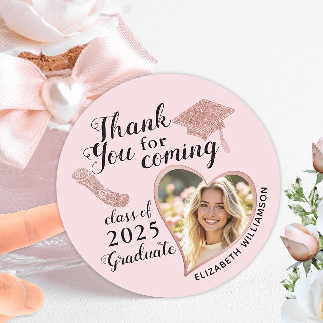 Elegant Blush Pink Photo Graduation Thank You Classic Round Sticker (Creator Uploaded)