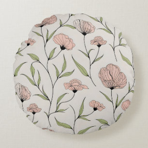 Elegant Blush Pink Poppies Floral Pattern Round Pillow