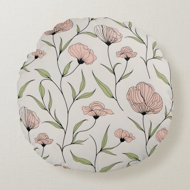Elegant Blush Pink Poppies Floral Pattern Round Pillow (Front)