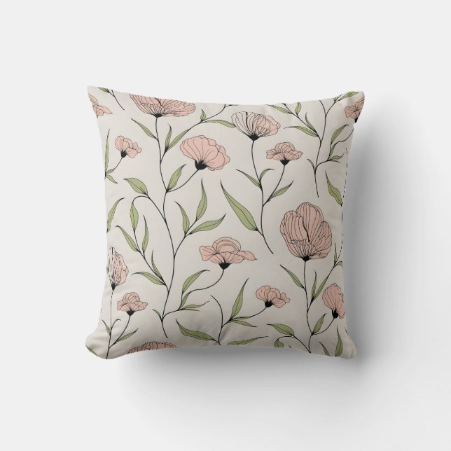 Elegant Blush Pink Poppies Floral Pattern Throw Pillow (Front)
