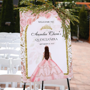 Elegant Blush Pink Princess Floral Quinceañera Poster