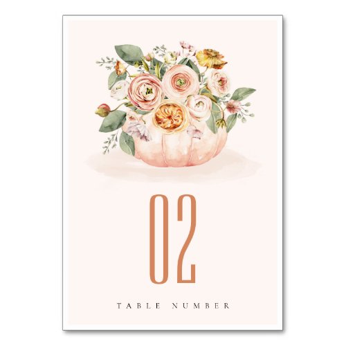 Elegant Blush Pink Pumpkin Floral Watercolor Table Number
