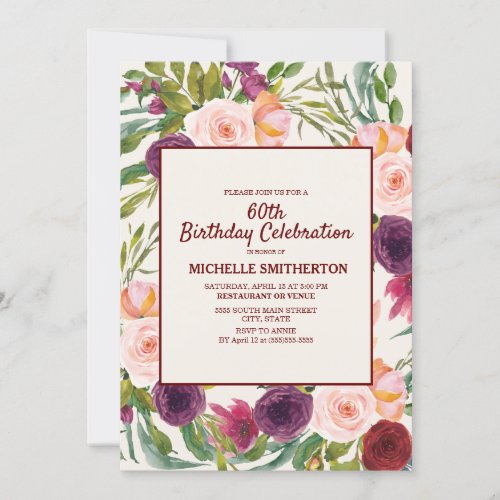 Elegant Blush Pink Purple Cream 60th Birthday Invitation