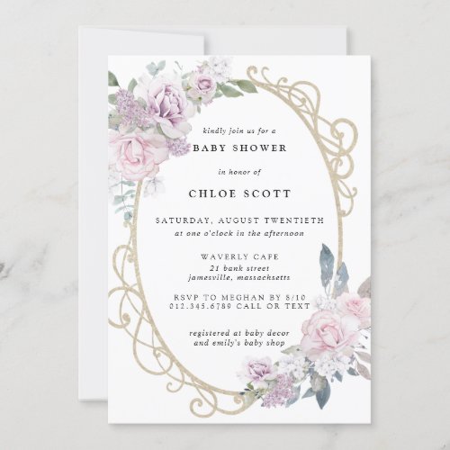 Elegant Blush Pink Purple Floral Baby Shower Invitation