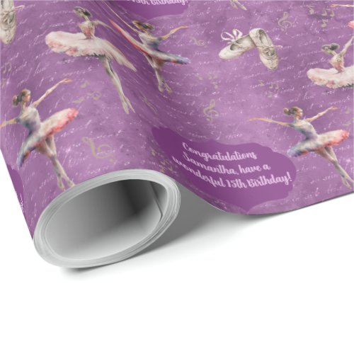 Elegant Blush Pink Purple Name Age Text Ballerina  Wrapping Paper