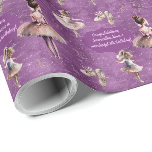 Elegant Blush Pink Purple Name Age Text Ballet Wrapping Paper
