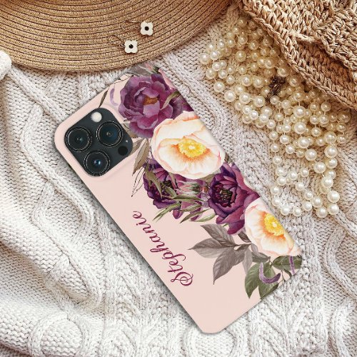 Elegant Blush Pink Purple Vintage Floral Name  iPhone 13 Pro Max Case