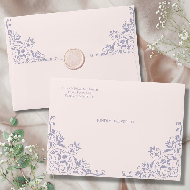 Elegant Blush Pink Purple Vintage Romantic Wedding Envelope (Elegant blush pink and lavender purple french lilac wedding theme envelopes with bride groom address)
