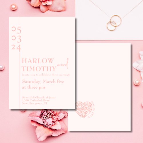 Elegant Blush Pink QR code Modern script Wedding Invitation