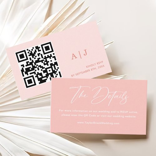 Elegant Blush Pink QR Code Wedding RSVP Website Enclosure Card