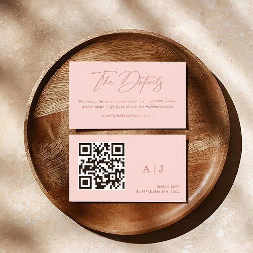 Elegant Blush Pink QR Code Wedding RSVP Website Enclosure Card