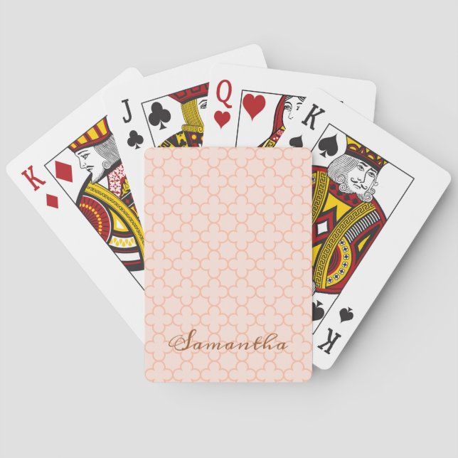 Elegant Blush Pink Quatrefoil Pattern Poker Cards (Back)