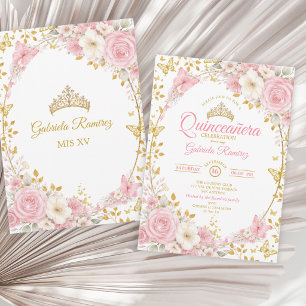 Elegant Blush Pink Quinceañera Golden Butterfly Invitation