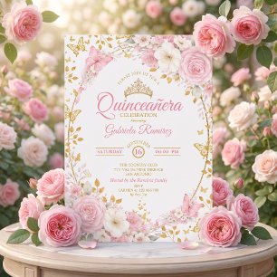 Elegant Blush Pink Quinceañera Golden Butterfly  Invitation