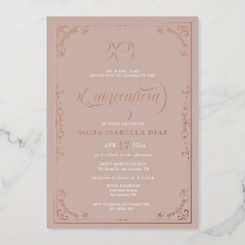 Elegant Blush Pink Quinceaera Rose Gold Foil Invitation
