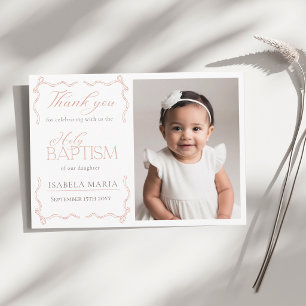 Elegant Blush Pink Ribbon Photo Baptism  Thank You Card
