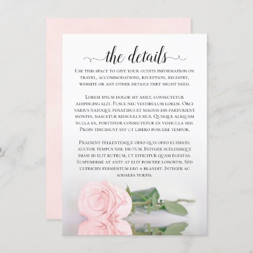 Elegant Blush Pink Romantic Rose Wedding Details Enclosure Card