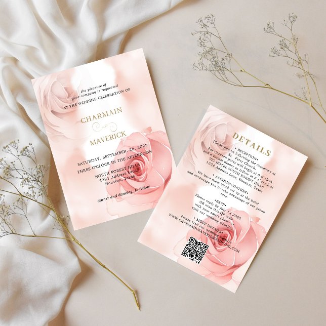 Elegant Blush Pink Rose Budget Qr code Wedding Invitation (Creator Uploaded)