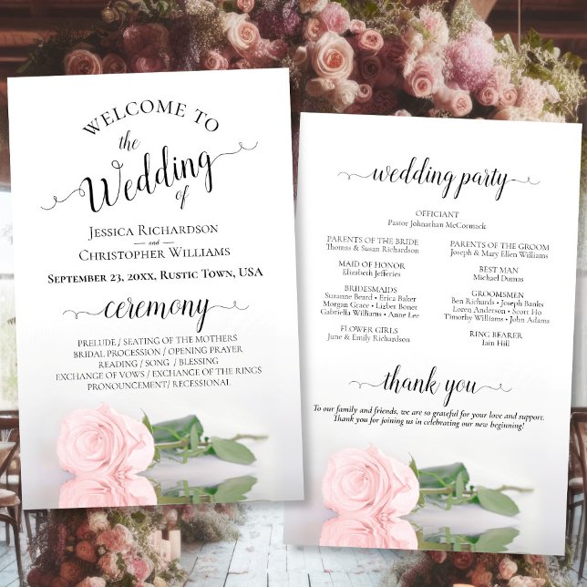 Elegant Blush Pink Rose Budget Wedding Program (Front/Back)