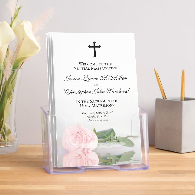 Elegant Blush Pink Rose Catholic Wedding Program Brochure (Insitu)