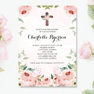 Elegant Blush Pink Rose Floral Baptism Invitation