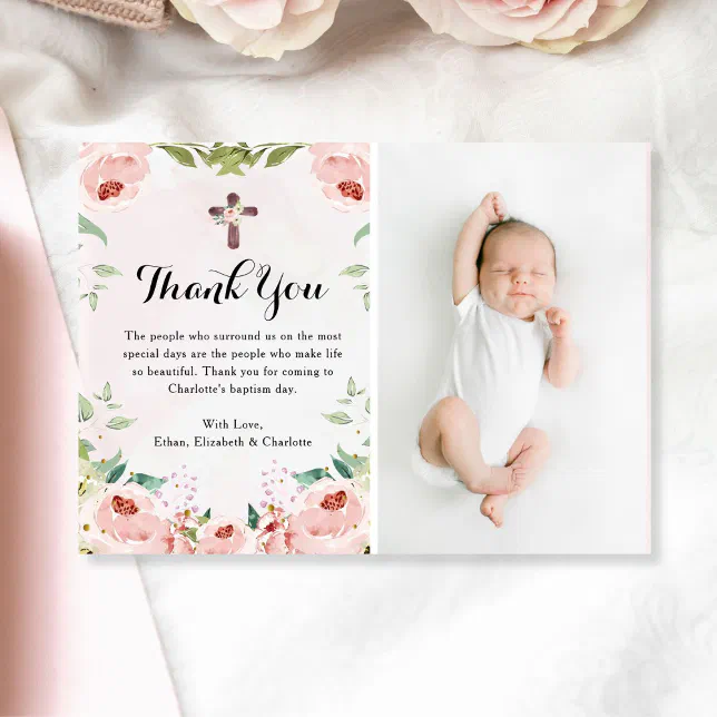 Elegant Blush Pink Rose Floral Baptism Photo Thank You Card | Zazzle