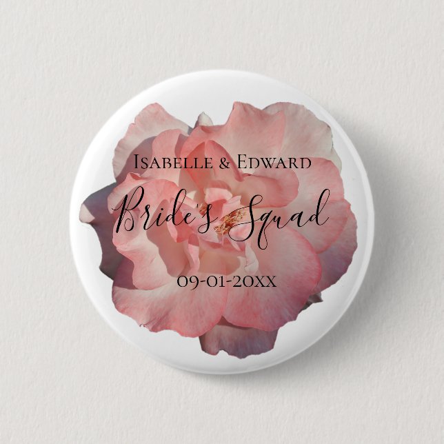 Elegant Blush Pink Rose Floral Bridal Party Button (Front)