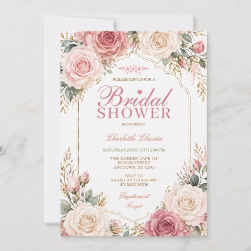 Elegant Blush Pink Rose Floral Bridal Shower Invitation