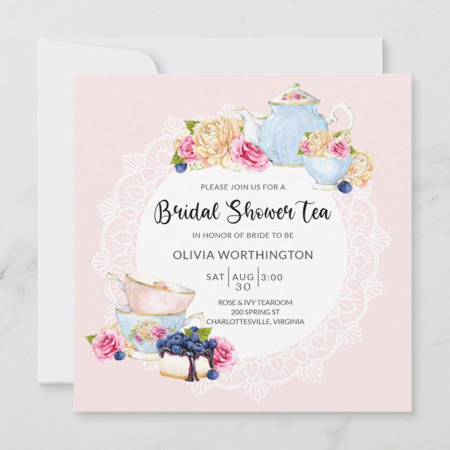 Elegant Blush Pink Rose Floral Bridal Shower Tea  Invitation (Front)