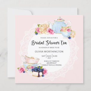 Elegant Blush Pink Rose Floral Bridal Shower Tea  Invitation