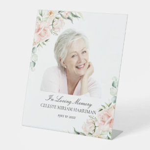 Elegant Blush Pink Rose Floral Funeral Photo Pedestal Sign