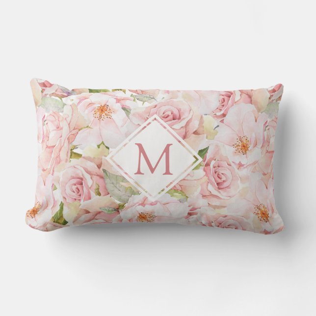 Elegant Blush Pink Rose Floral Monogram Lumbar Pillow (Front)