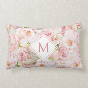 Elegant Blush Pink Rose Floral Monogram Lumbar Pillow