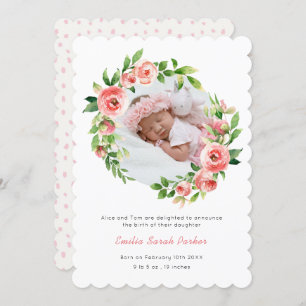 Elegant Blush Pink Rose Floral Photo Baby Birth Announcement