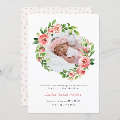 Elegant Blush Pink Rose Floral Photo Baby Birth Announcement