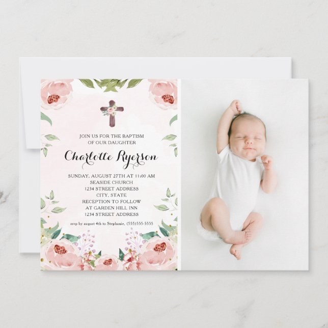 Elegant Blush Pink Rose Floral Photo Baptism Invitation (Front)