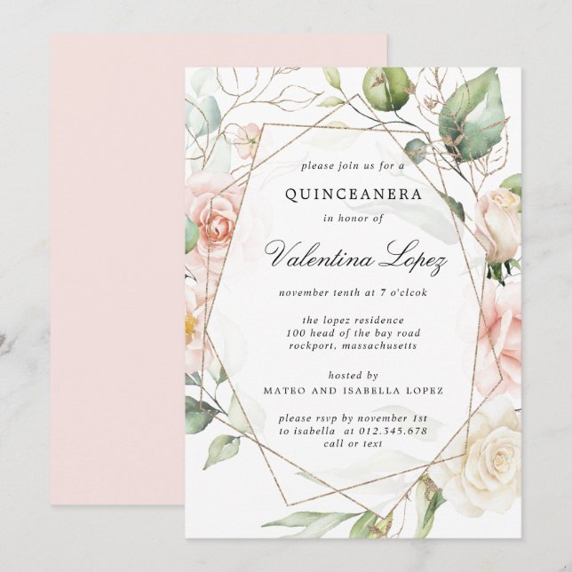 Elegant Blush Pink Rose Floral Quinceanera Invitation (Front/Back)