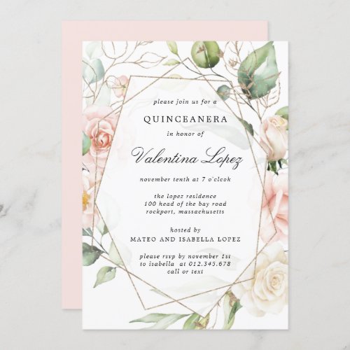 Elegant Blush Pink Rose Floral Quinceanera Invitation