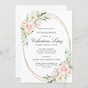 Elegant Blush Pink Rose Floral Quinceanera Invitation
