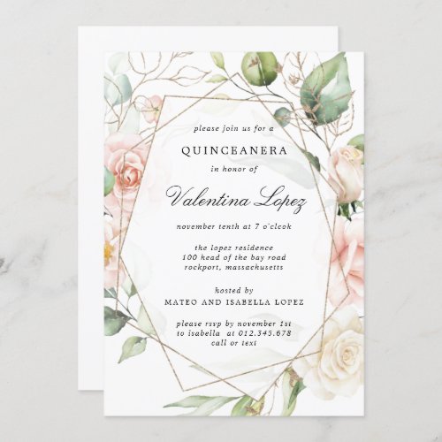 Elegant Blush Pink Rose Floral Quinceanera Invitation