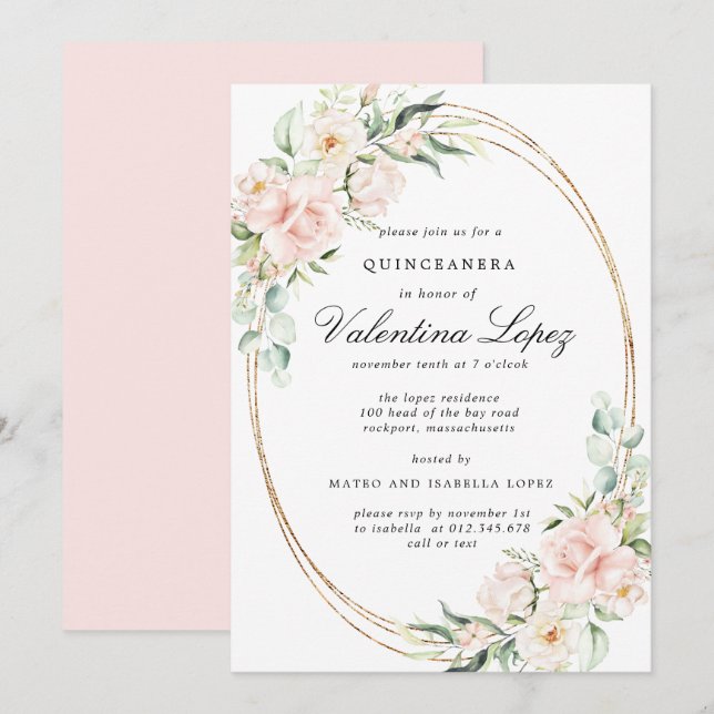 Elegant Blush Pink Rose Floral Quinceanera Invitation (Front/Back)