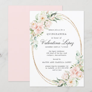 Elegant Blush Pink Rose Floral Quinceanera Invitation