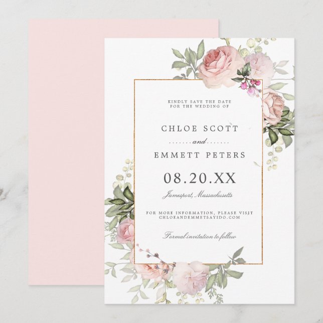 Elegant Blush Pink Rose Floral Save the Date Card (Front/Back)