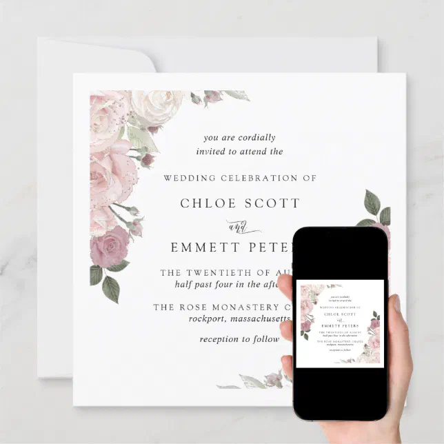 Elegant Blush Pink Rose Floral Wedding Invitation | Zazzle